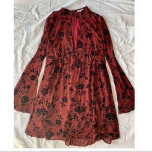 Red Flare Sleeve Floral Dress
